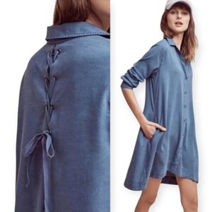 Anthropologie Cloth & Stone Farryn Shirt Dress Lace Up Back Blue Chambray Medium